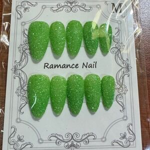 Ramance Nail Green Glitter Almond Full Cover False Nail Tips‎ Medium